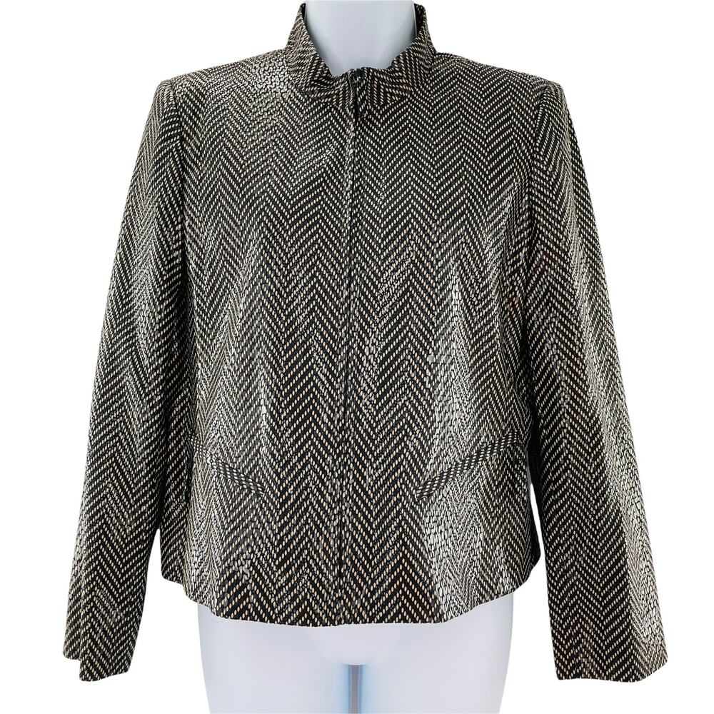 HARVE BENARD Black Beige Print Faux Leather Front Zipper Jacket Blazer 8P